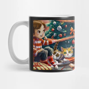 A brother and sister and cat on Christmas morning - Greeting Card Mug